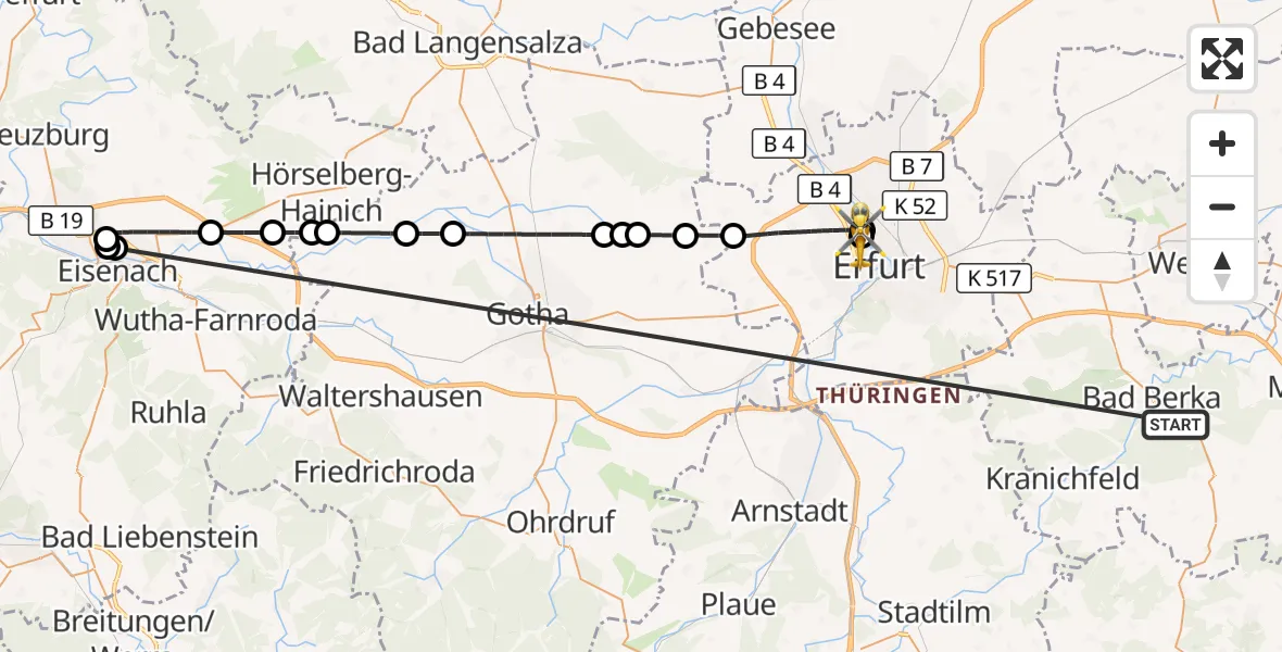 Flugroute Ambulanzhubschrauber Bad Berka - Helios Clinic Erfurt, 23 Oktober 2026, 22:49