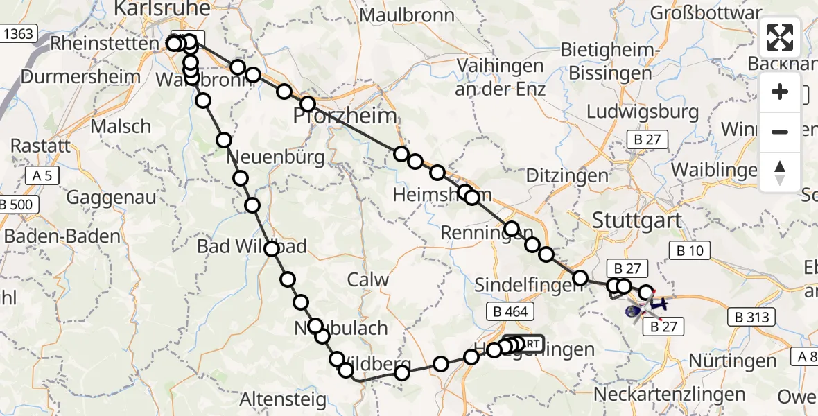 Flugroute Polizeihubschrauber Holzgerlingen - Flughafen Stuttgart, 24 Oktober 2026, 00:12