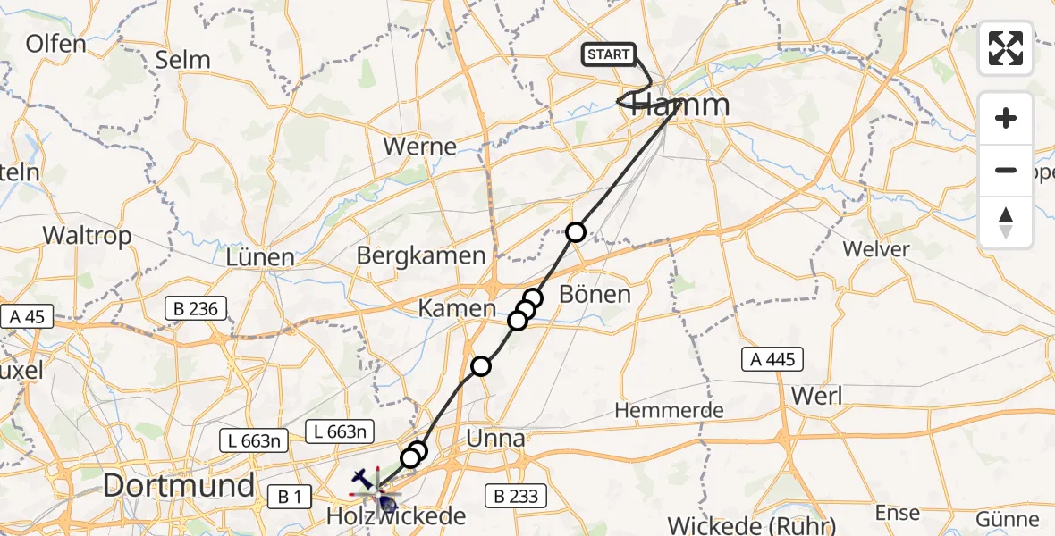 Flugroute Polizeihubschrauber Hamm - Dortmund Flughafen, 24 Oktober 2026, 00:12