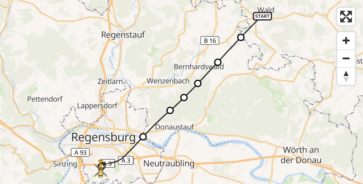 Flugroute Rettungshubschrauber Wald - DRF Air Rescue Station Regensburg / Regensburg University Hospital, 24 Oktober 2026, 01:33