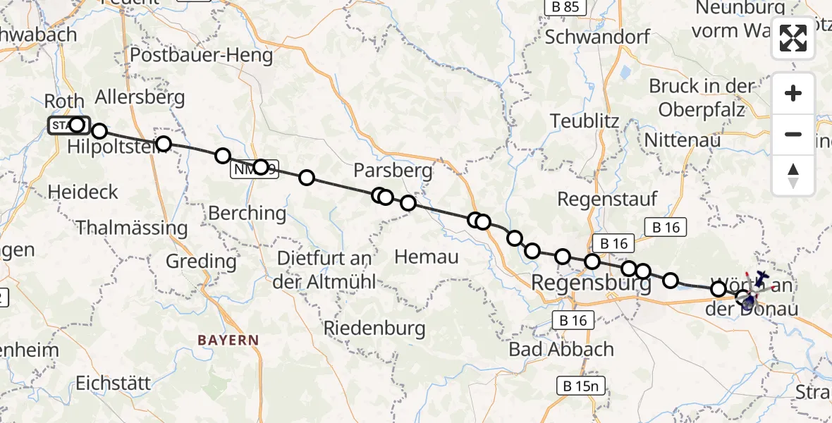 Flugroute Polizeihubschrauber Flugplatz Roth - Wörth a.d.Donau, 24 Oktober 2026, 07:13
