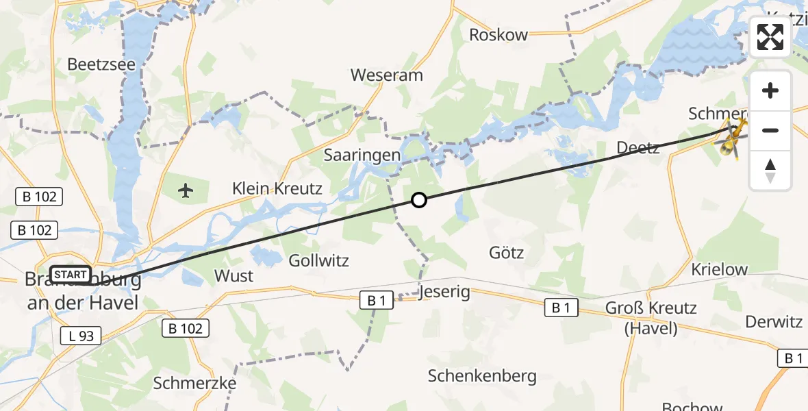 Flugroute Rettungshubschrauber Brandenburg an der Havel - Groß Kreutz (Havel), 24 Oktober 2026, 07:20