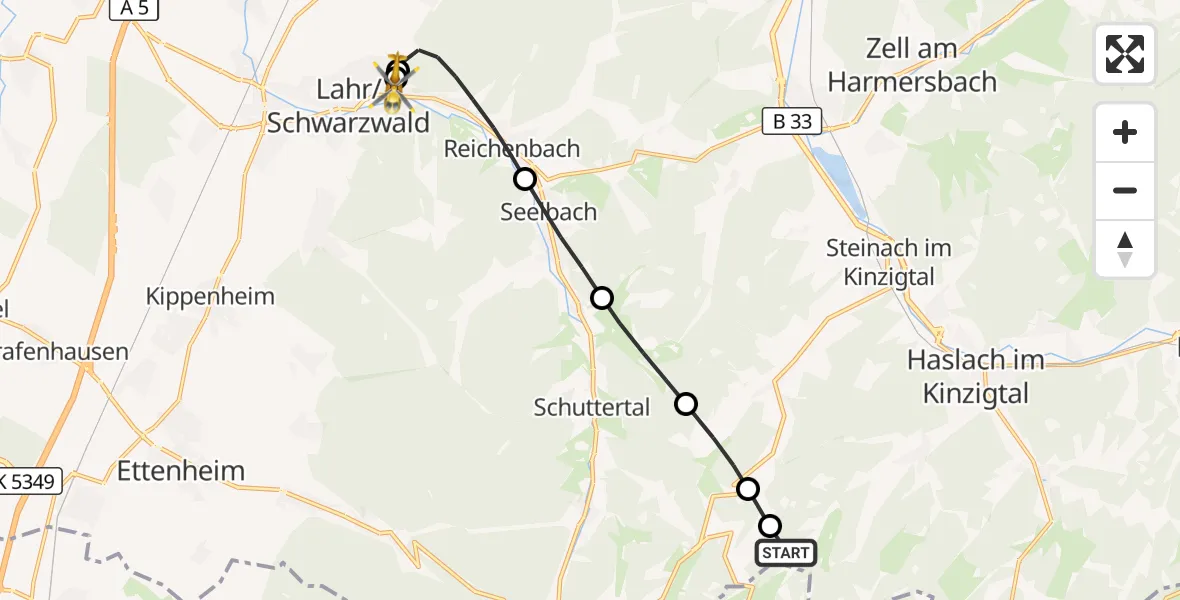 Flugroute Rettungshubschrauber Hofstetten - Ortenau Hospital Lahr-Ettenheim, 24 Oktober 2026, 07:23