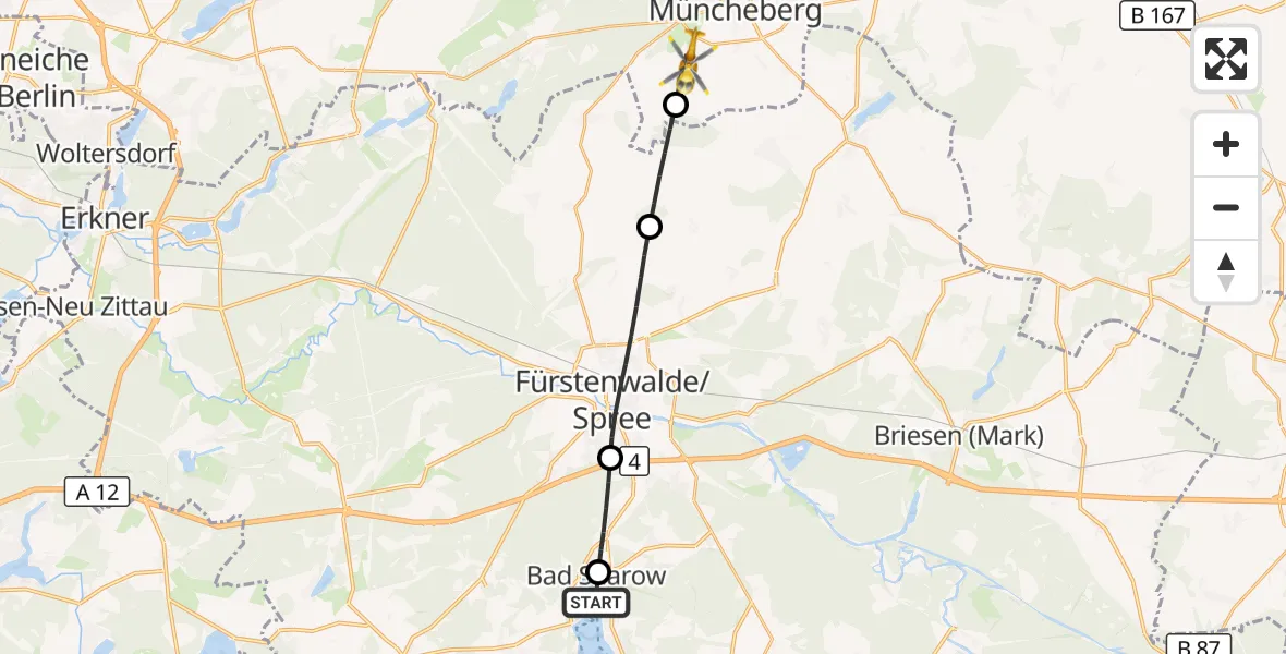 Flugroute Rettungshubschrauber Bad Saarow Hospital - Müncheberg, 24 Oktober 2026, 07:30