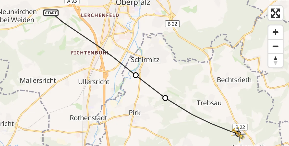 Flugroute Ambulanzhubschrauber Weiden i.d.OPf. - Irchenrieth, 24 Oktober 2026, 07:32
