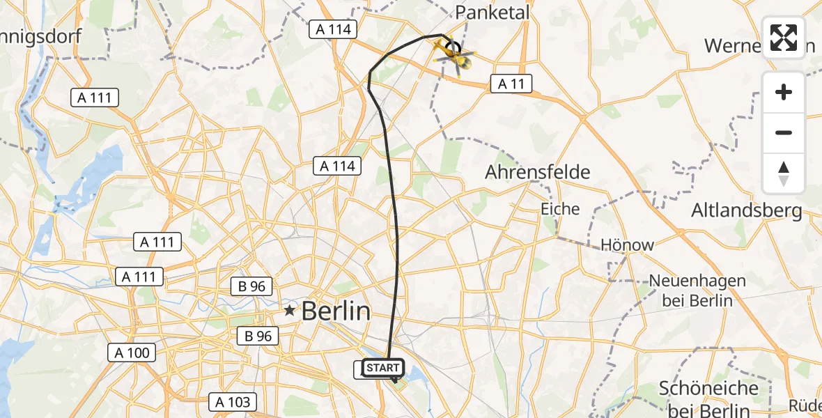 Flugroute Rettungshubschrauber Berlin - Helios Clinic Berlin-Buch, 24 Oktober 2026, 07:34