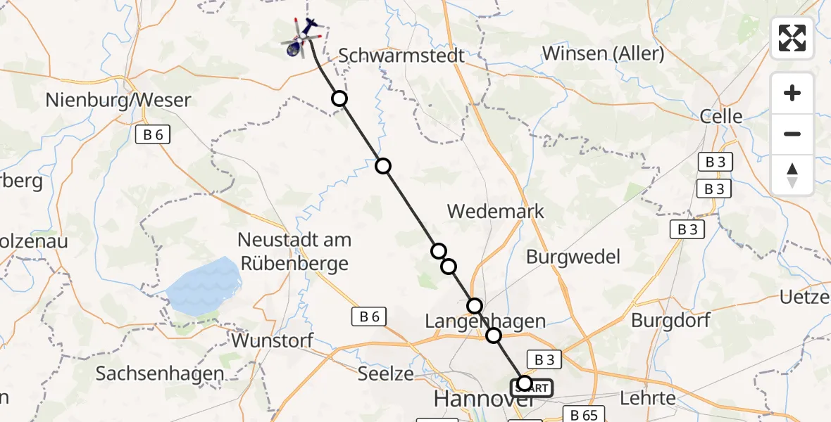 Flugroute Polizeihubschrauber Hannover Luftrettung Hubschrauberlandeplatz (Christoph 4) - Rodewald, 24 Oktober 2026, 07:52