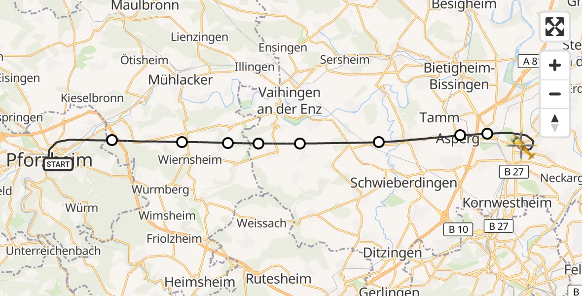 Flugroute Rettungshubschrauber Pforzheim - Ludwigsburg, 24 Oktober 2026, 07:53
