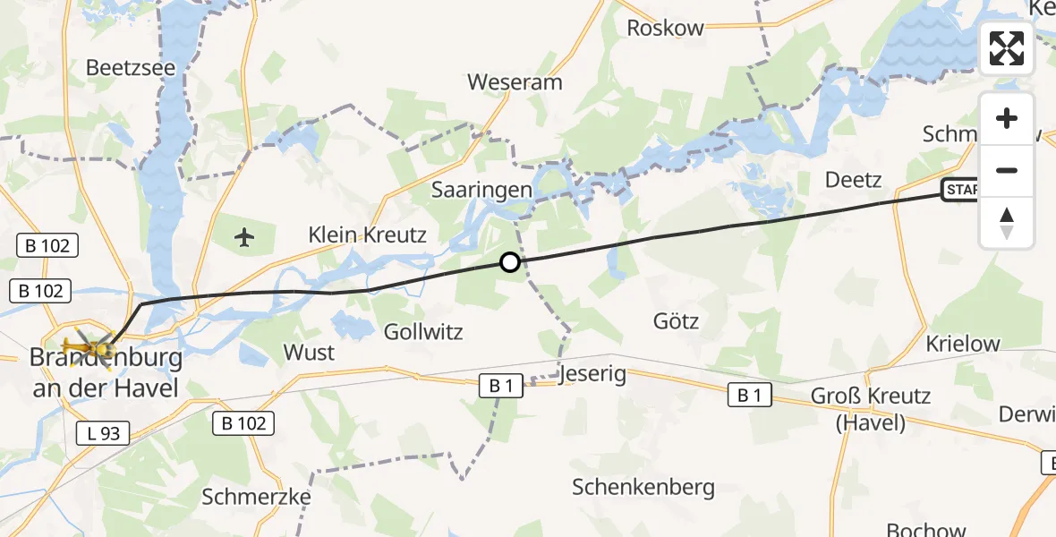 Flugroute Rettungshubschrauber Groß Kreutz (Havel) - Brandenburg an der Havel, 24 Oktober 2026, 07:53