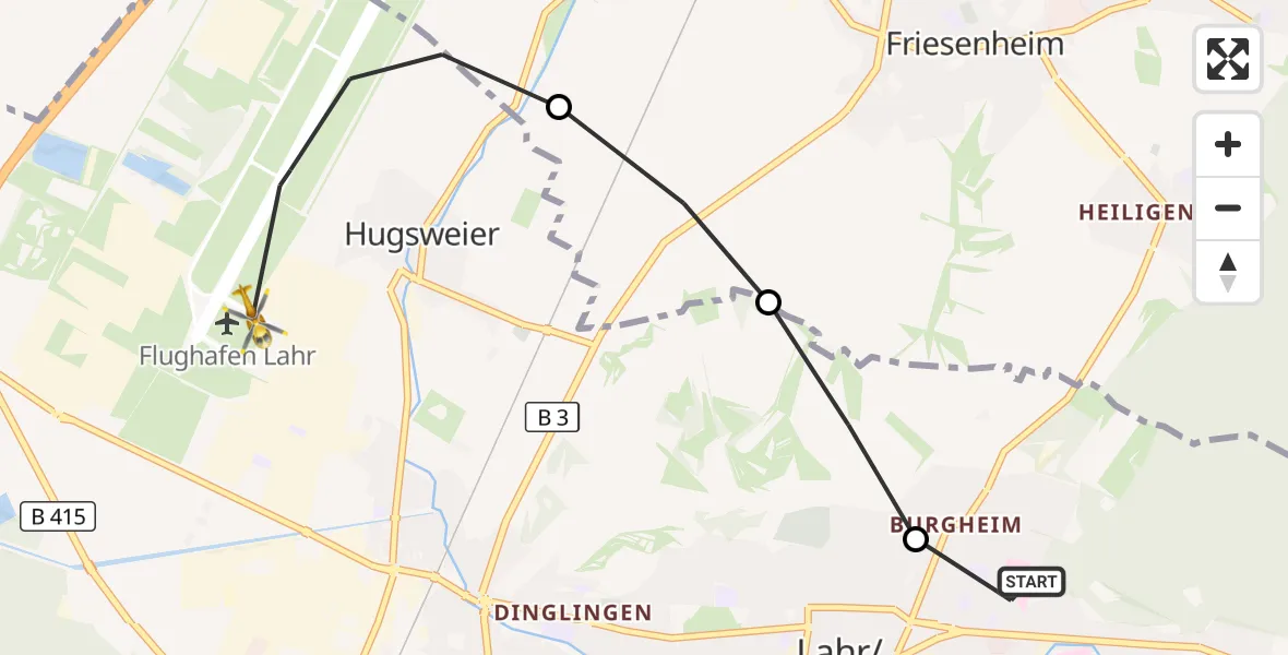 Flugroute Rettungshubschrauber Ortenau Hospital Lahr-Ettenheim - Lahr Flughafen, 24 Oktober 2026, 07:55