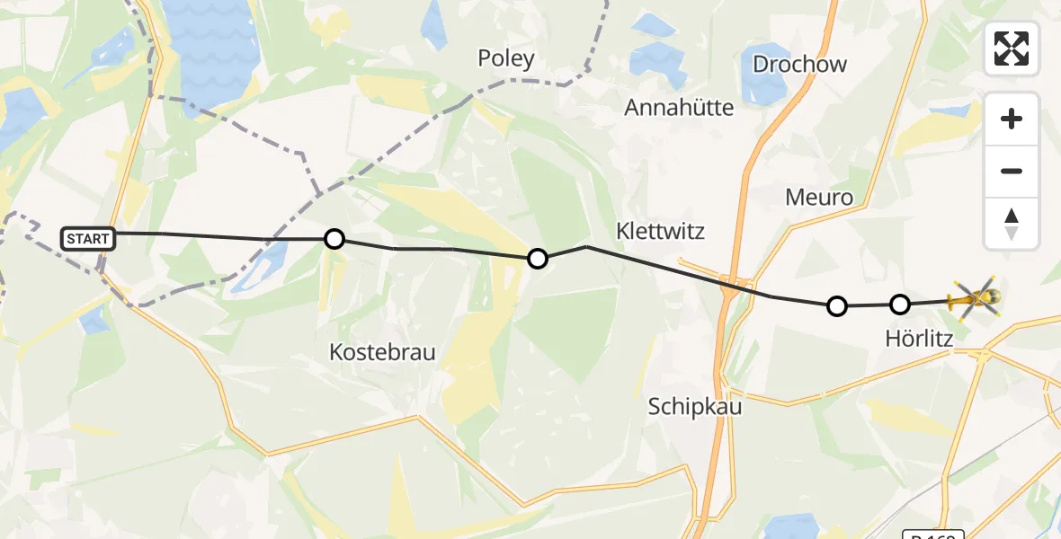 Flugroute Rettungshubschrauber Finsterwalde - Schipkau, 24 Oktober 2026, 07:59
