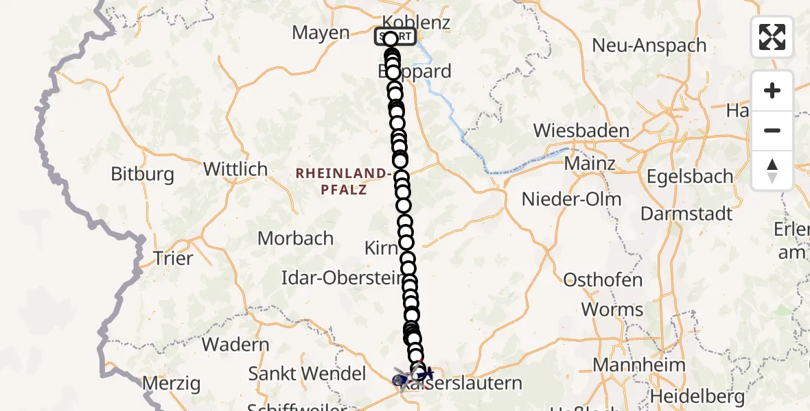 Flugroute Polizeihubschrauber Winningen - Ramstein-Miesenbach, 24 Oktober 2026, 08:22