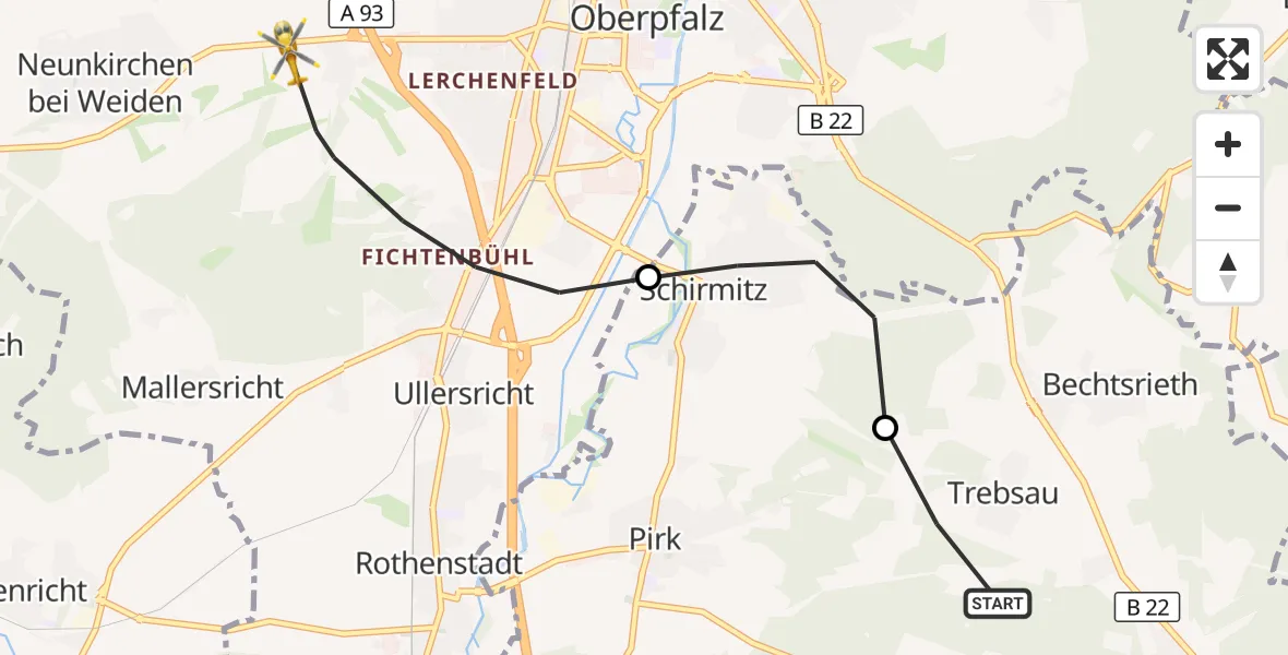 Flugroute Ambulanzhubschrauber Pirk - Weiden i.d.OPf., 24 Oktober 2026, 08:27