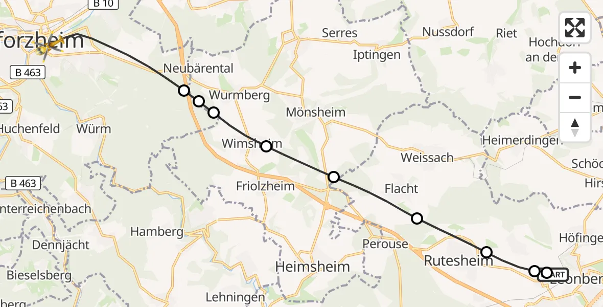 Flugroute Rettungshubschrauber Leonberg Hospital - Pforzheim, 24 Oktober 2026, 08:29