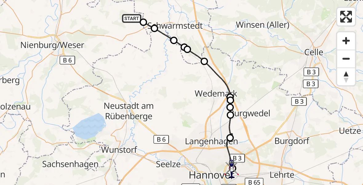 Flugroute Polizeihubschrauber Rodewald - Hannover Luftrettung Hubschrauberlandeplatz (Christoph 4), 24 Oktober 2026, 08:30