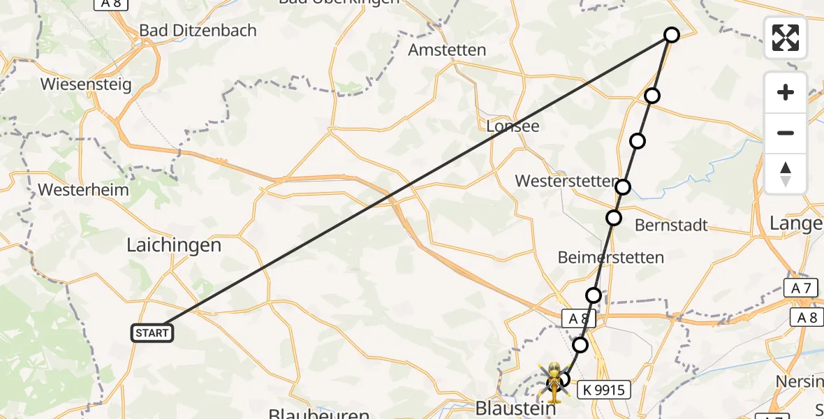 Flugroute Rettungshubschrauber Heroldstatt - ADAC Air Rescue Station Ulm (Christoph 22), 24 Oktober 2026, 08:31