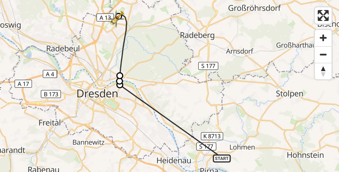 Flugroute Rettungshubschrauber Pirna - Dresden Bundespolizei Hubschrauberlandeplatz, 24 Oktober 2026, 08:40