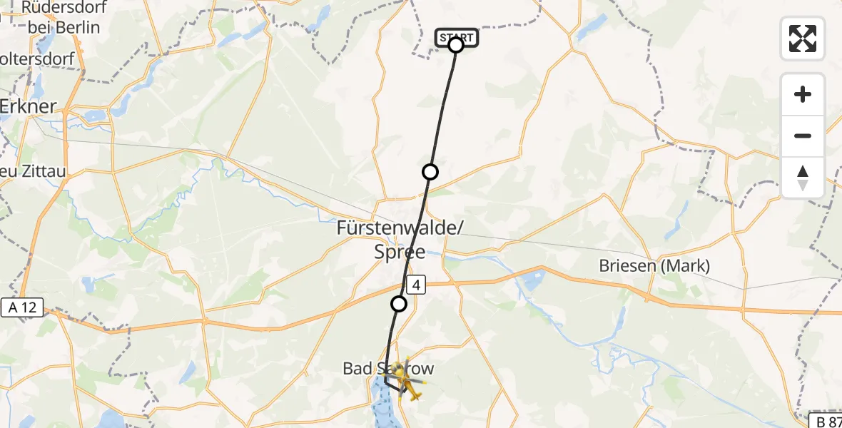 Flugroute Rettungshubschrauber Müncheberg - Bad Saarow, 24 Oktober 2026, 08:45