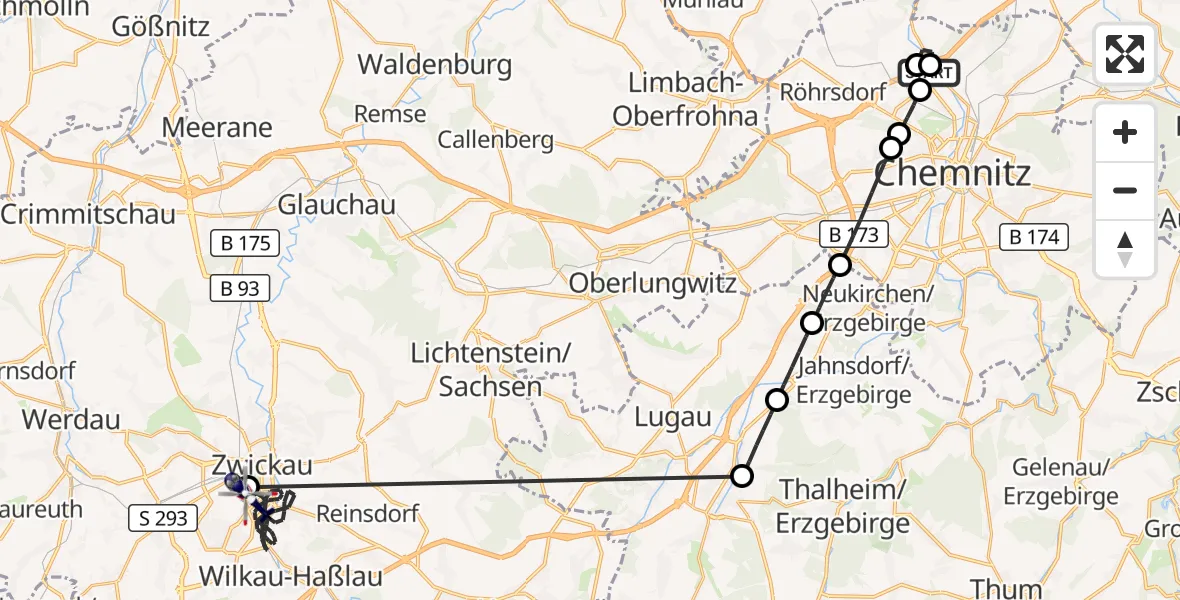 Flugroute Polizeihubschrauber Chemnitz-Glösa Industrial Park Hubschrauberlandeplatz - Stollberg/Erzgeb., 24 Oktober 2026, 08:47