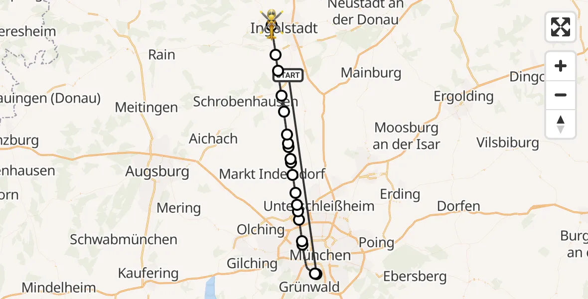 Flugroute Rettungshubschrauber Reichertshofen - Ingolstadt Hospital, 24 Oktober 2026, 10:00