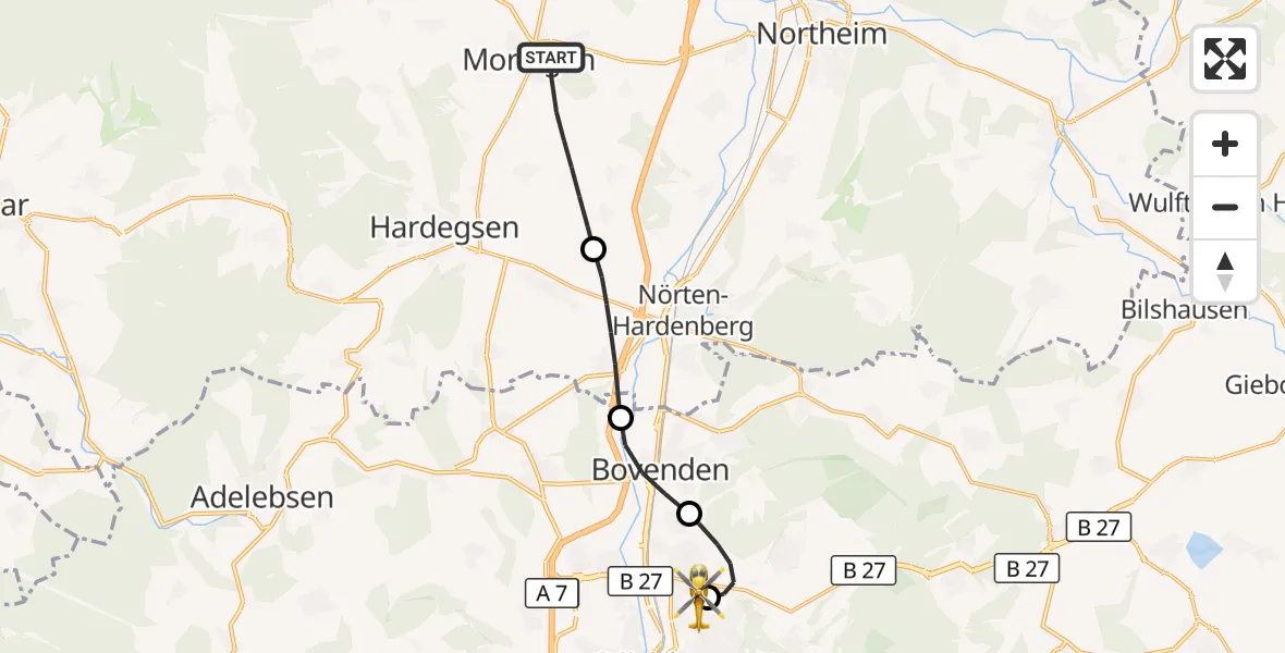 Flugroute Rettungshubschrauber Moringen - Göttingen University Clinic Hubschrauberlandeplatz, 24 Oktober 2026, 10:00