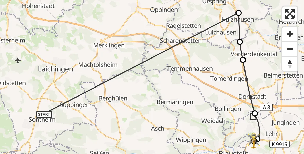 Flugroute Rettungshubschrauber Heroldstatt - ADAC Air Rescue Station Ulm (Christoph 22), 24 Oktober 2026, 10:11
