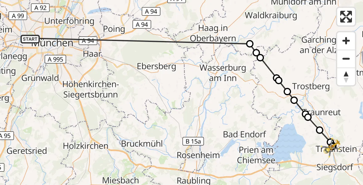 Flugroute Rettungshubschrauber München - Traunstein Hospital, 24 Oktober 2026, 10:13