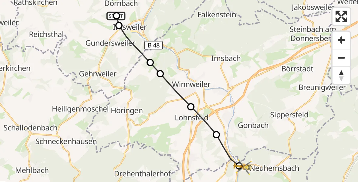 Flugroute Rettungshubschrauber Rockenhausen - Neuhemsbach, 24 Oktober 2026, 10:19