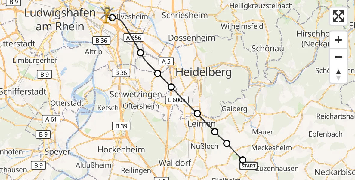 Flugroute Rettungshubschrauber Dielheim - Mannheim-City Flughafen, 24 Oktober 2026, 10:25