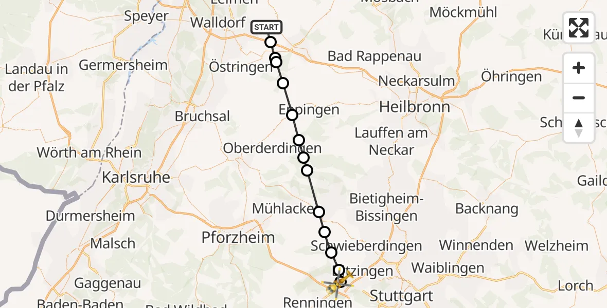 Flugroute Rettungshubschrauber Dielheim - Leonberg Hospital, 24 Oktober 2026, 10:26