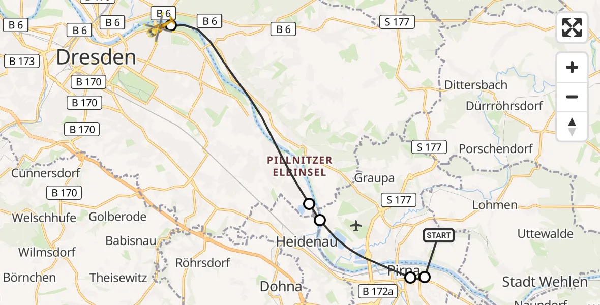 Flugroute Rettungshubschrauber Pirna - Dresden Elbwiesen Hubschrauberlandeplatz, 24 Oktober 2026, 10:26