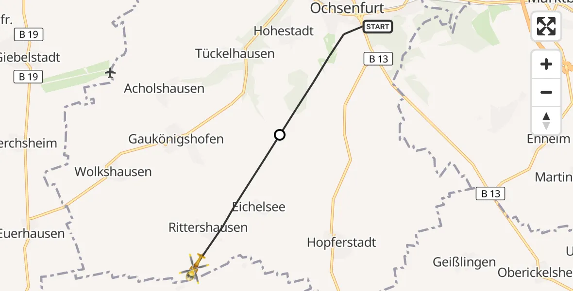 Flugroute Rettungshubschrauber Ochsenfurt - Gaukönigshofen, 24 Oktober 2026, 10:35