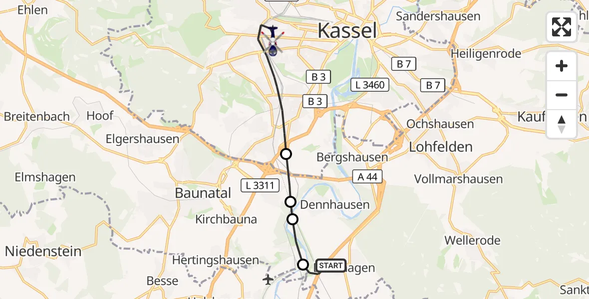 Flugroute Polizeihubschrauber Fuldabrück - Kassel, 24 Oktober 2026, 10:57