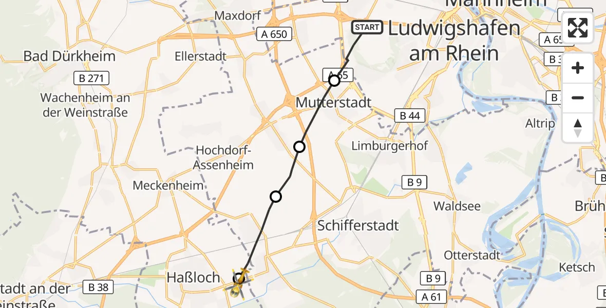 Flugroute Rettungshubschrauber Ludwigshafen am Rhein - Haßloch, 24 Oktober 2026, 11:02