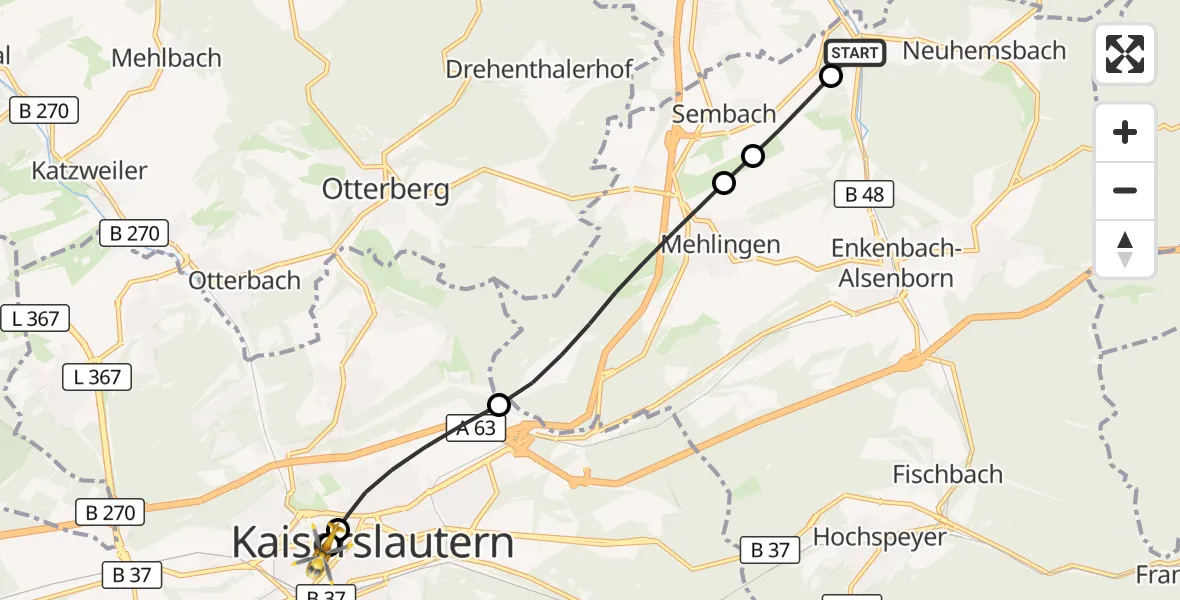 Flugroute Rettungshubschrauber Enkenbach-Alsenborn - Westpfalz Hospital Kaiserslautern, 24 Oktober 2026, 11:06