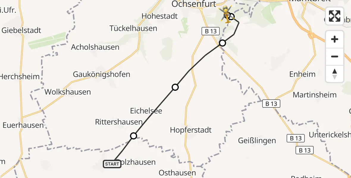 Flugroute Rettungshubschrauber Sonderhofen - Ochsenfurt Hospital, 24 Oktober 2026, 11:15