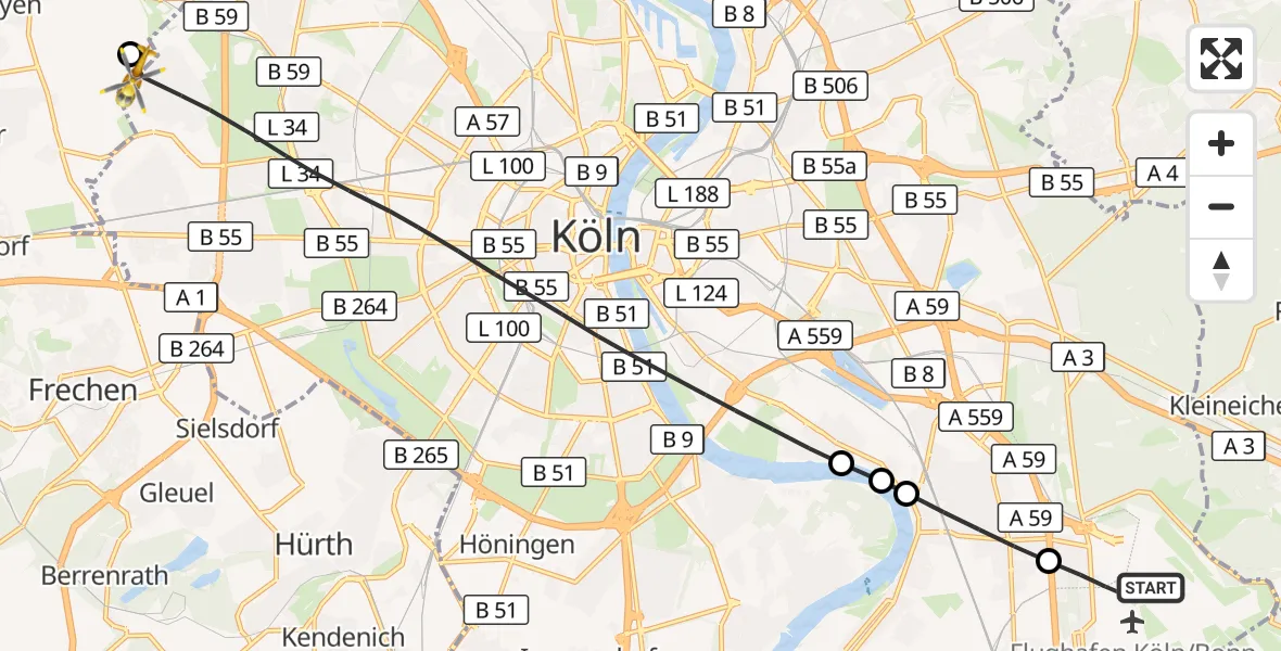 Flugroute Rettungshubschrauber Köln Bonn Flughafen - Pulheim, 24 Oktober 2026, 11:16