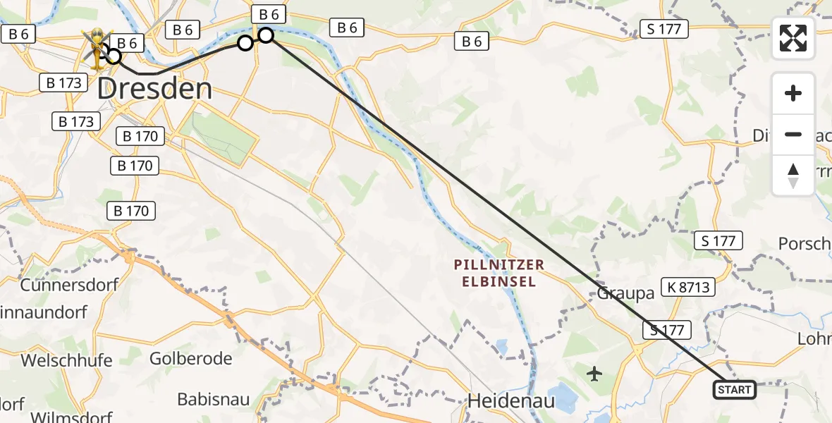 Flugroute Rettungshubschrauber Pirna - Dresden Friedrichstadt Hospital, 24 Oktober 2026, 11:17