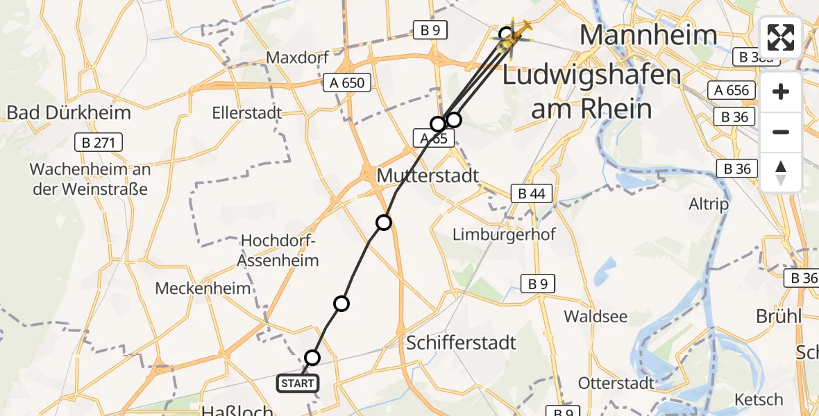 Flugroute Rettungshubschrauber Haßloch - Ludwigshafen am Rhein, 24 Oktober 2026, 11:28