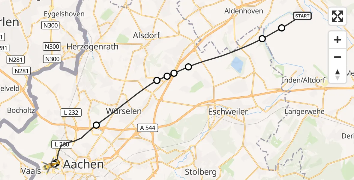 Flugroute Rettungshubschrauber Jülich - Aachen Hospital, 24 Oktober 2026, 11:35