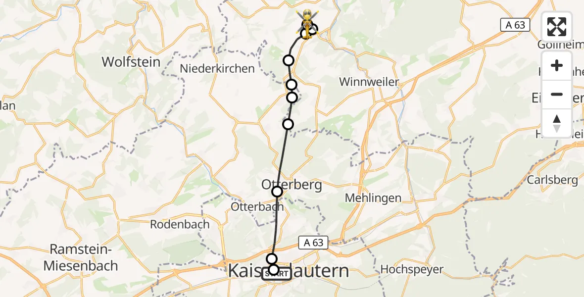 Flugroute Rettungshubschrauber Westpfalz Hospital Kaiserslautern - Rockenhausen, 24 Oktober 2026, 11:39