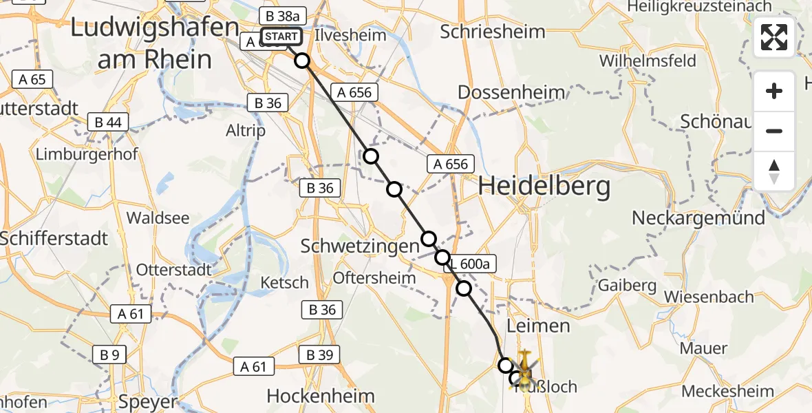 Flugroute Rettungshubschrauber Mannheim-City Flughafen - Nußloch, 24 Oktober 2026, 11:41