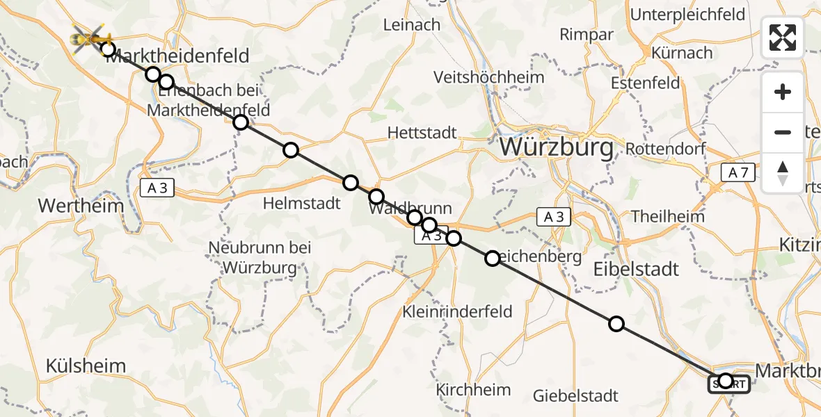Flugroute Rettungshubschrauber Ochsenfurt Hospital - Esselbach, 24 Oktober 2026, 11:55