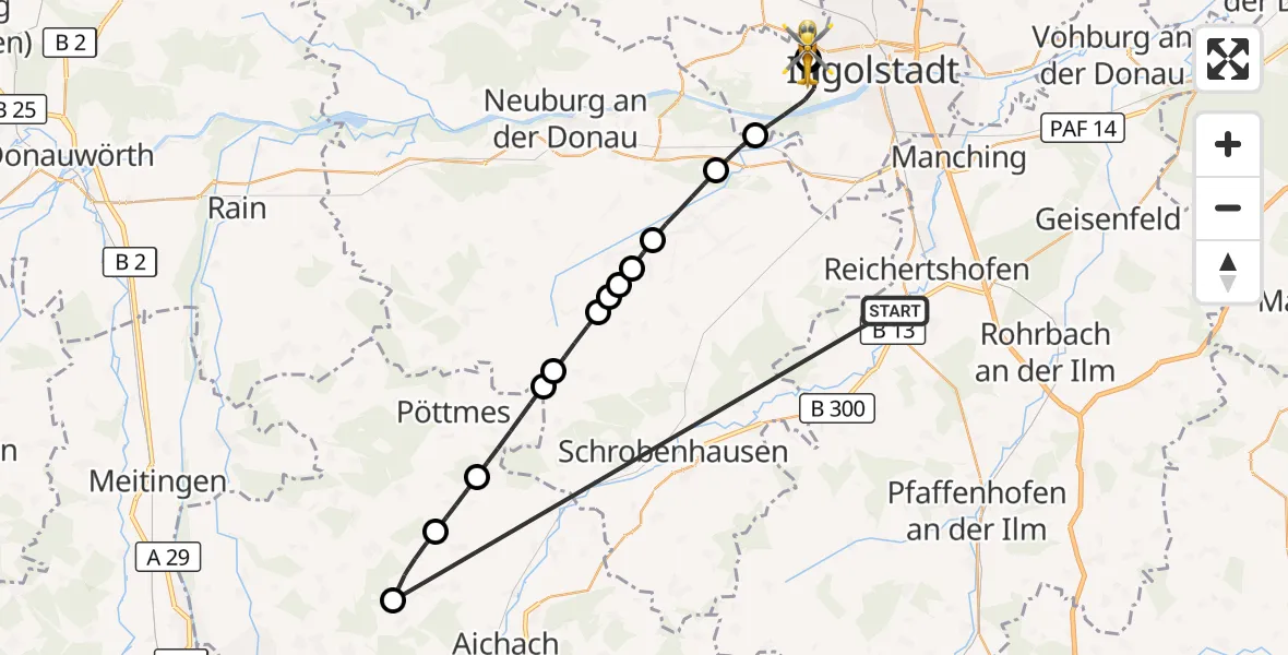 Flugroute Rettungshubschrauber Reichertshofen - Ingolstadt Hospital, 24 Oktober 2026, 11:57