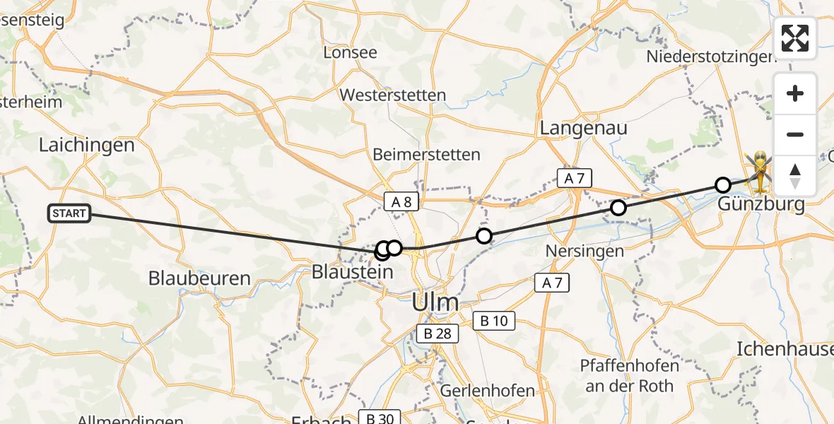 Flugroute Rettungshubschrauber Heroldstatt - Günzburg, 24 Oktober 2026, 11:59