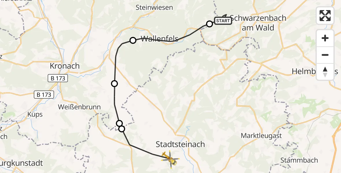 Flugroute Rettungshubschrauber Schwarzenbach a.Wald - Untersteinach, 24 Oktober 2026, 12:00