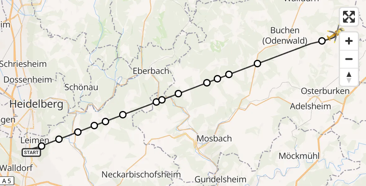 Flugroute Rettungshubschrauber Nußloch - Walldürn, 24 Oktober 2026, 12:05