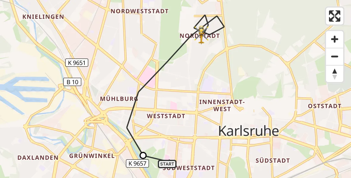 Flugroute Ambulanzhubschrauber Sankt Vincentius Hospital - Karlsruhe, 24 Oktober 2026, 12:12