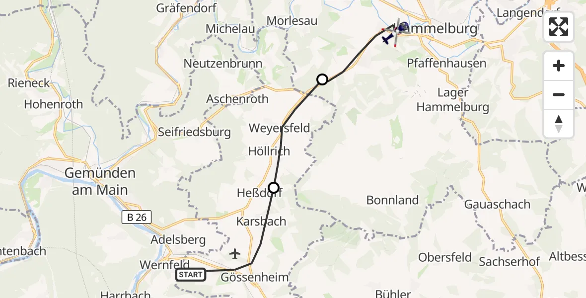 Flugroute Polizeihubschrauber Gössenheim - Hammelburg, 24 Oktober 2026, 12:32