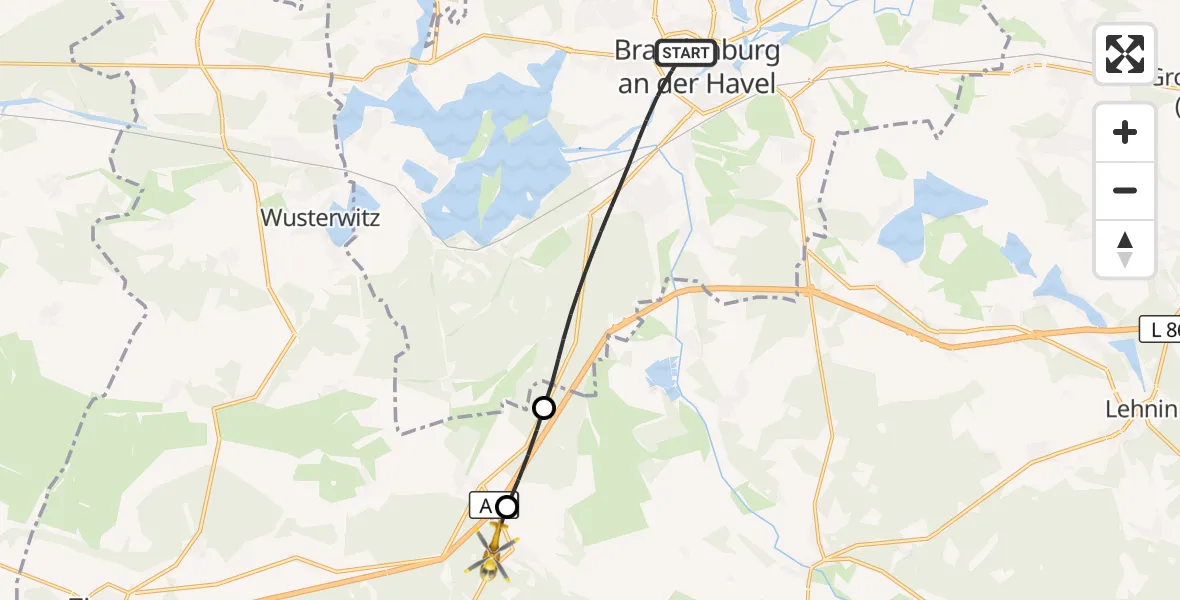 Flugroute Rettungshubschrauber Brandenburg an der Havel - Wollin, 24 Oktober 2026, 12:35